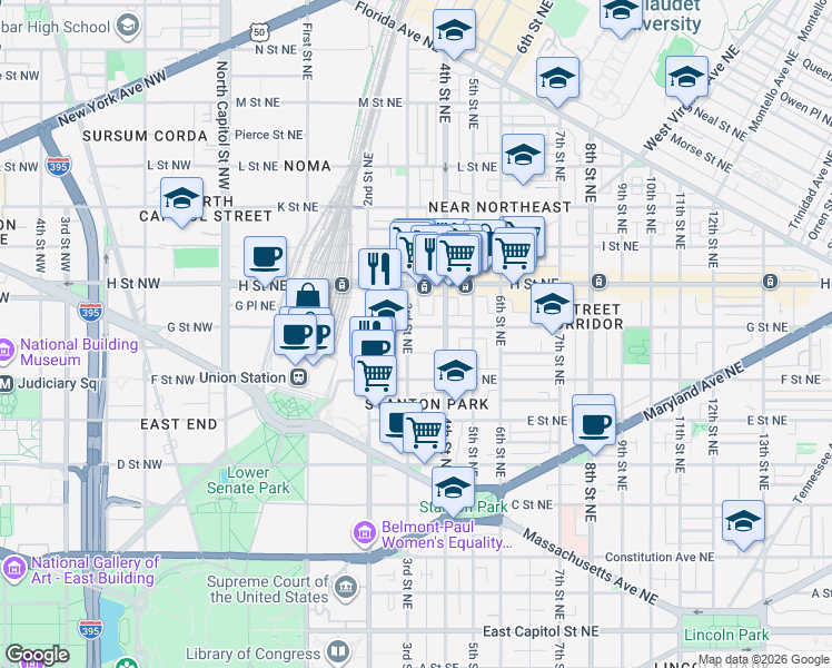 map of restaurants, bars, coffee shops, grocery stores, and more near 101 Independence Avenue Southeast in Washington