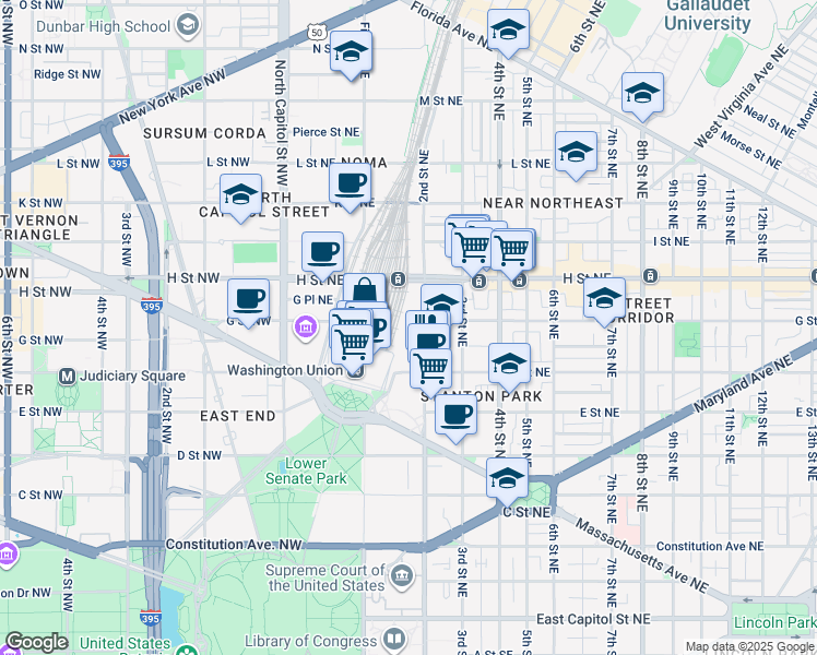 map of restaurants, bars, coffee shops, grocery stores, and more near 600 2nd Street Northeast in Washington