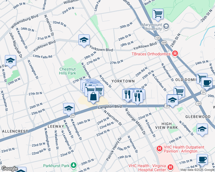 map of restaurants, bars, coffee shops, grocery stores, and more near 2512 North Florida Street in Arlington
