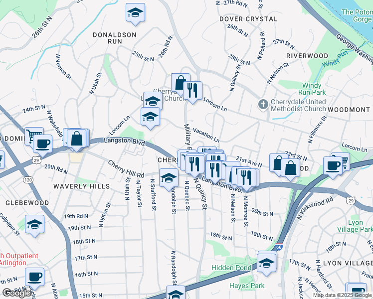 map of restaurants, bars, coffee shops, grocery stores, and more near 2190 Military Road in Arlington