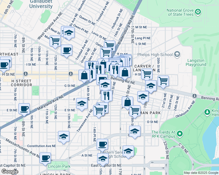 map of restaurants, bars, coffee shops, grocery stores, and more near 1524 Gales Street Northeast in Washington