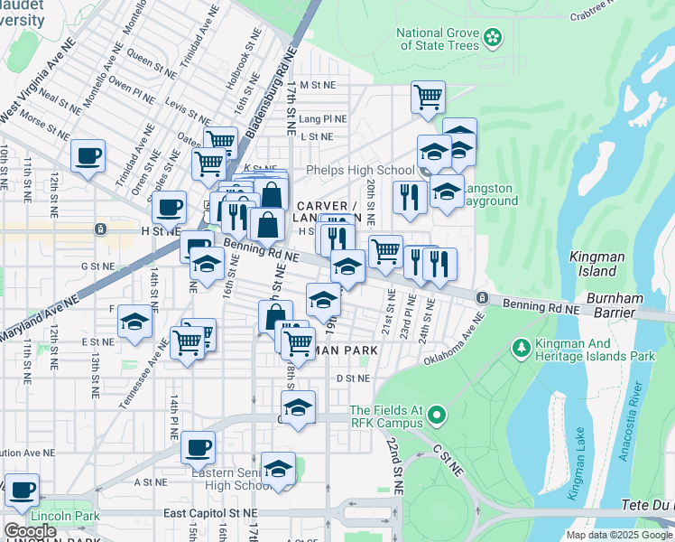 map of restaurants, bars, coffee shops, grocery stores, and more near 101 Independence Avenue Southeast in Washington