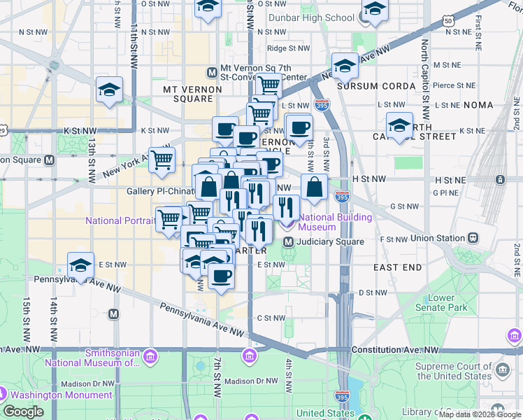 map of restaurants, bars, coffee shops, grocery stores, and more near 101 Independence Avenue Southeast in Washington