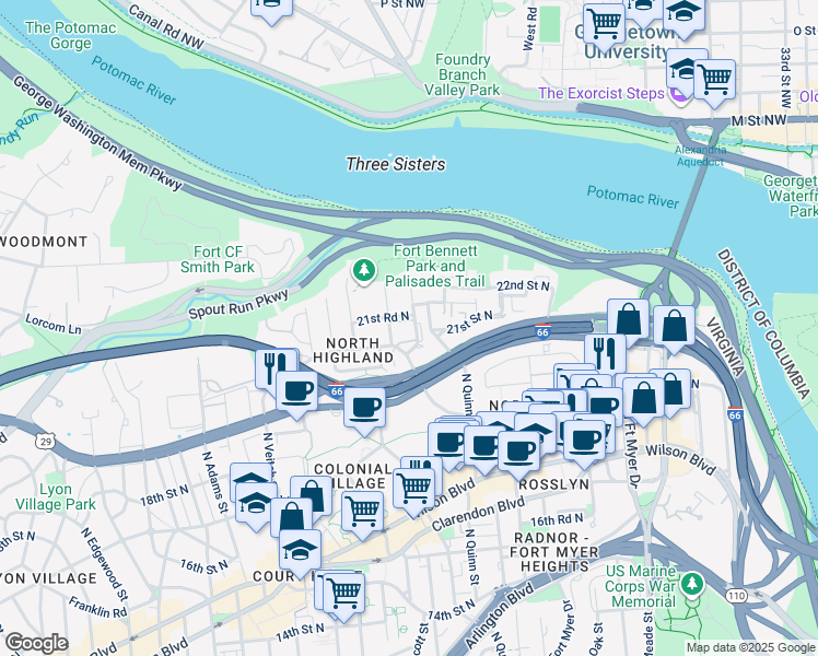 map of restaurants, bars, coffee shops, grocery stores, and more near 2107 North Scott Street in Arlington