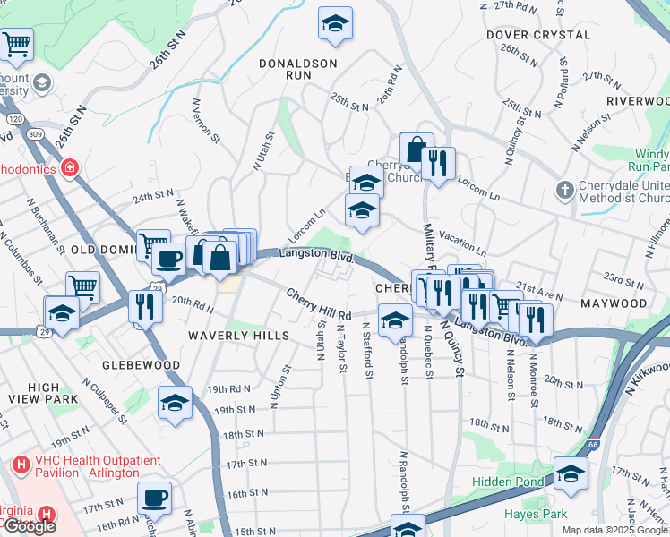 map of restaurants, bars, coffee shops, grocery stores, and more near 4300 Langston Boulevard in Arlington