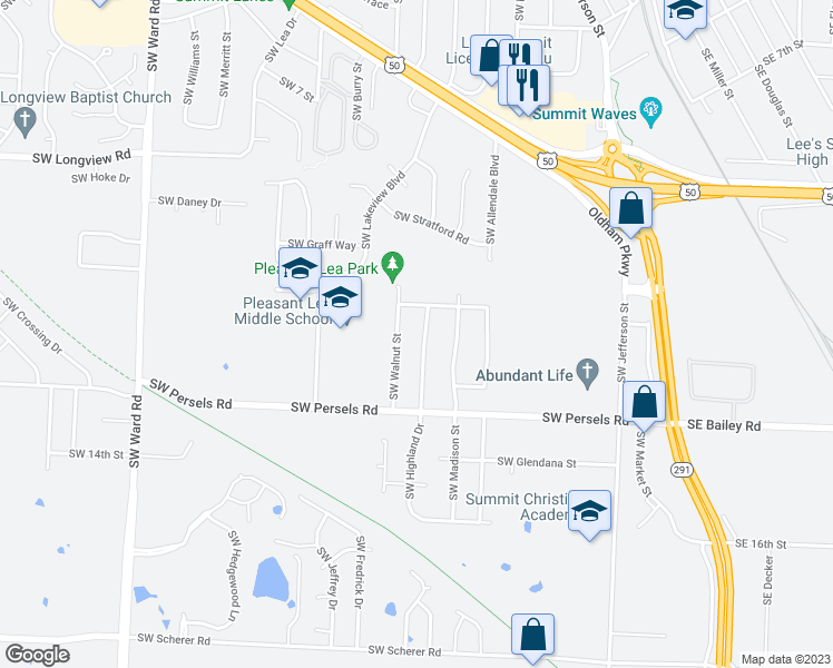 map of restaurants, bars, coffee shops, grocery stores, and more near 605 Holloway Lane in Lee's Summit