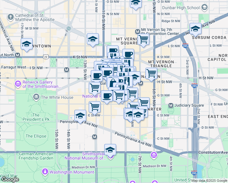 map of restaurants, bars, coffee shops, grocery stores, and more near 733 10th Street Northwest in Washington