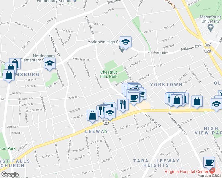 map of restaurants, bars, coffee shops, grocery stores, and more near 2626 North Harrison Street in Arlington