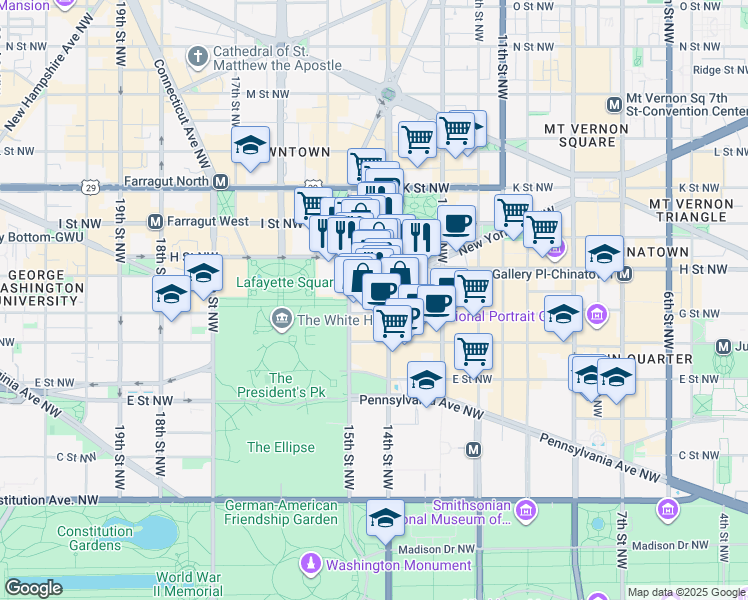 map of restaurants, bars, coffee shops, grocery stores, and more near 1420 New York Avenue Northwest in Washington