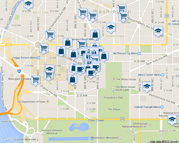 map of restaurants, bars, coffee shops, grocery stores, and more near 1750 Pennsylvania Avenue Northwest in Washington