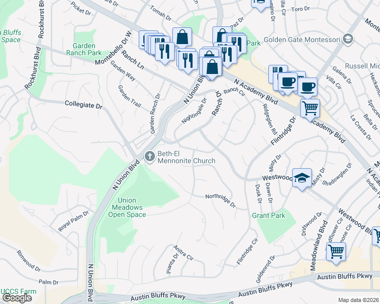 map of restaurants, bars, coffee shops, grocery stores, and more near 4332 Ridgeglen Road in Colorado Springs