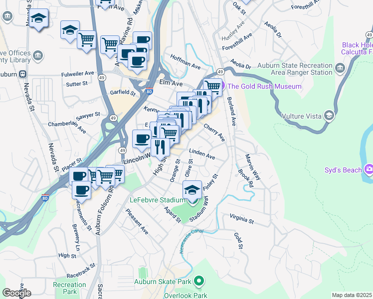 map of restaurants, bars, coffee shops, grocery stores, and more near Orange Street & Linden Avenue in Auburn