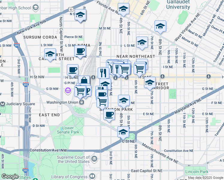 map of restaurants, bars, coffee shops, grocery stores, and more near 301 G Street Northeast in Washington