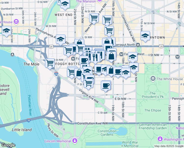 map of restaurants, bars, coffee shops, grocery stores, and more near 714 21st Street Northwest in Washington