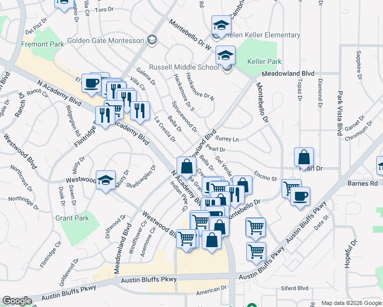map of restaurants, bars, coffee shops, grocery stores, and more near 4603 Bella Drive in Colorado Springs