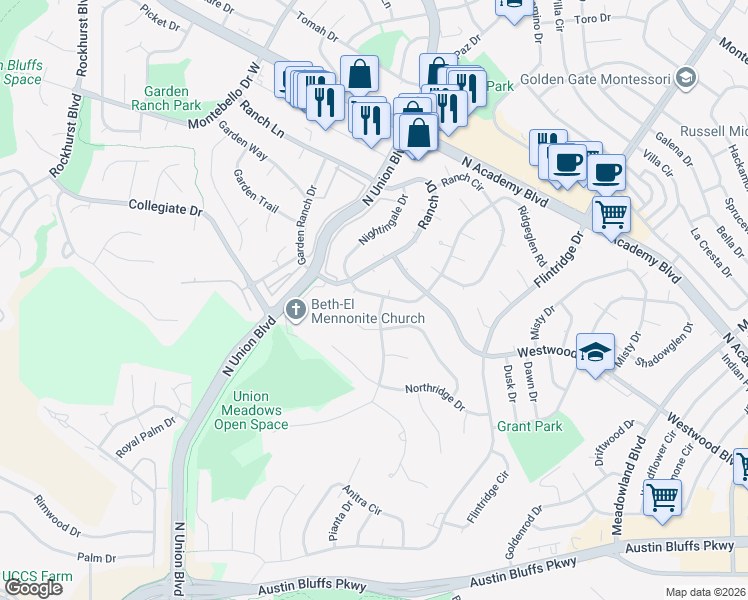 map of restaurants, bars, coffee shops, grocery stores, and more near 4332 Ridgeglen Road in Colorado Springs