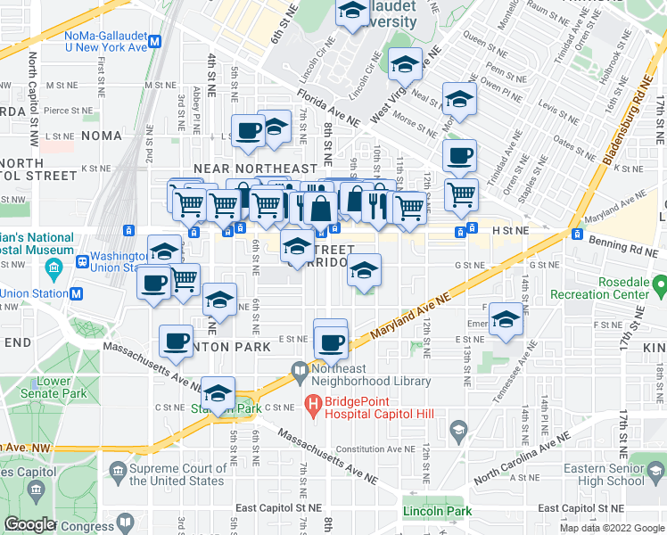 map of restaurants, bars, coffee shops, grocery stores, and more near 101 Independence Avenue Southeast in Washington