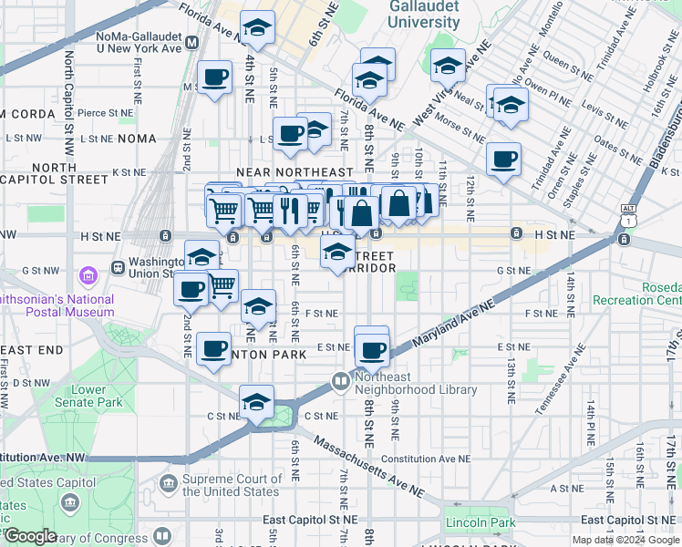map of restaurants, bars, coffee shops, grocery stores, and more near 101 Independence Avenue Southeast in Washington