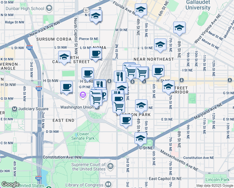 map of restaurants, bars, coffee shops, grocery stores, and more near 101 Independence Avenue Southeast in Washington