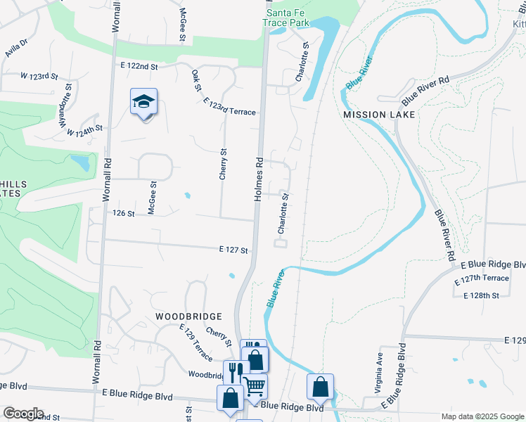 map of restaurants, bars, coffee shops, grocery stores, and more near 12516 Holmes Road in Kansas City