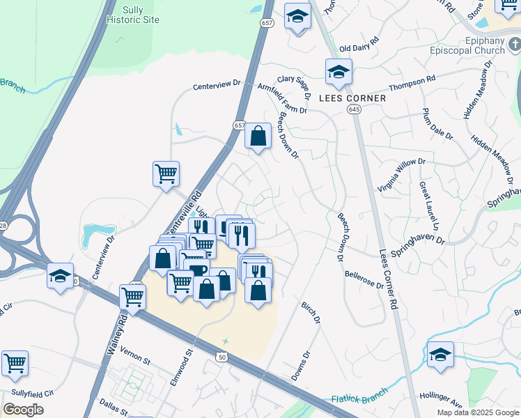 map of restaurants, bars, coffee shops, grocery stores, and more near 3798 Louise Avenue in Chantilly