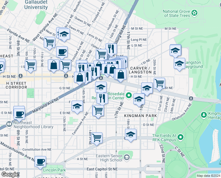 map of restaurants, bars, coffee shops, grocery stores, and more near 711 16th Street Northeast in Washington