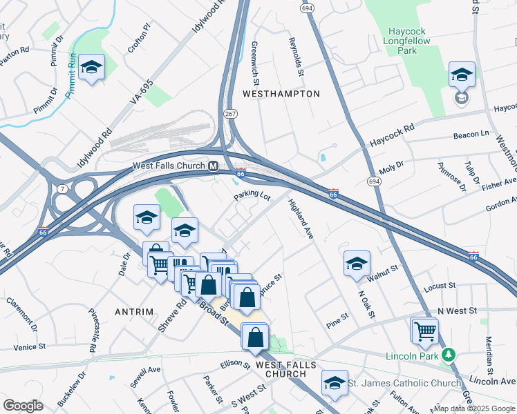 map of restaurants, bars, coffee shops, grocery stores, and more near 7011 Falls Reach Drive in Falls Church