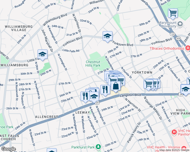 map of restaurants, bars, coffee shops, grocery stores, and more near 2626 North Harrison Street in Arlington