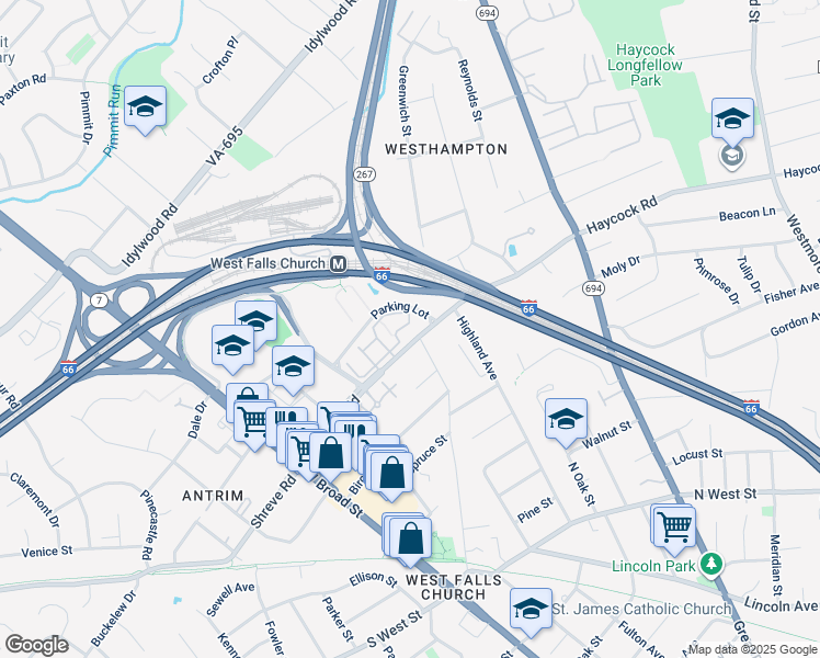 map of restaurants, bars, coffee shops, grocery stores, and more near 7011 Falls Reach Drive in Falls Church