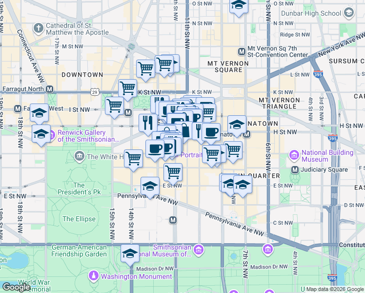 map of restaurants, bars, coffee shops, grocery stores, and more near 700 11th Street Northwest in Washington