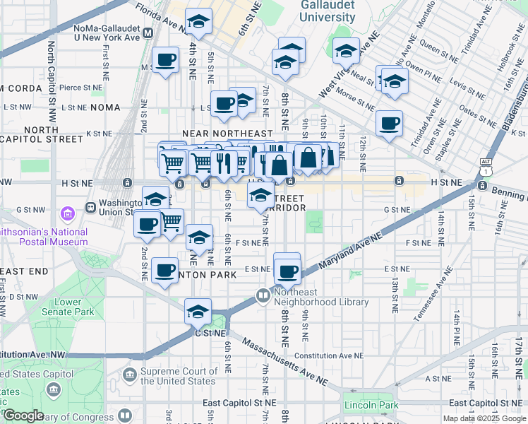 map of restaurants, bars, coffee shops, grocery stores, and more near 659 G Street Northeast in Washington