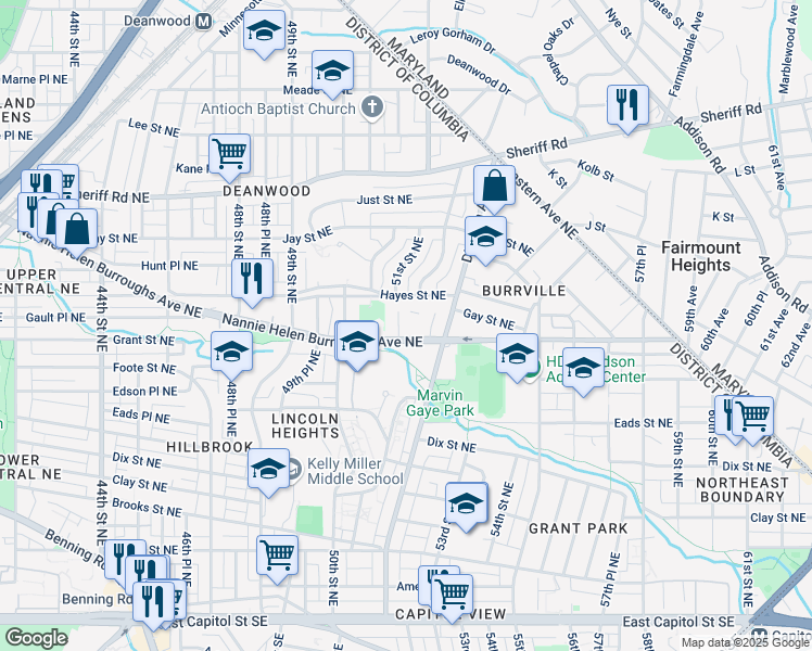 map of restaurants, bars, coffee shops, grocery stores, and more near 5110 Nannie Helen Burroughs Avenue Northeast in Washington