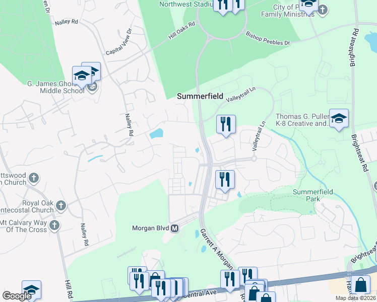 map of restaurants, bars, coffee shops, grocery stores, and more near 8104 Sport View Road in Hyattsville