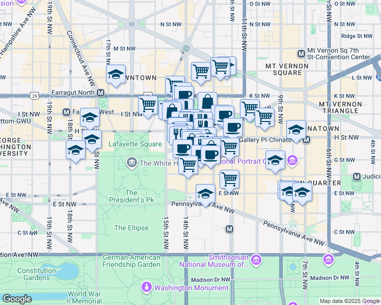 map of restaurants, bars, coffee shops, grocery stores, and more near 717 14th Street Northwest in Washington