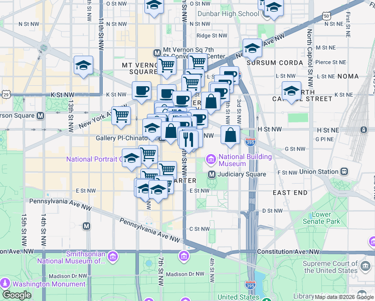 map of restaurants, bars, coffee shops, grocery stores, and more near 101 Independence Avenue Southeast in Washington