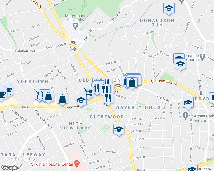 map of restaurants, bars, coffee shops, grocery stores, and more near 2223 North Albemarle Street in Arlington