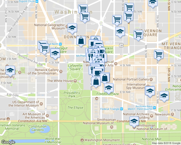 map of restaurants, bars, coffee shops, grocery stores, and more near in Washington