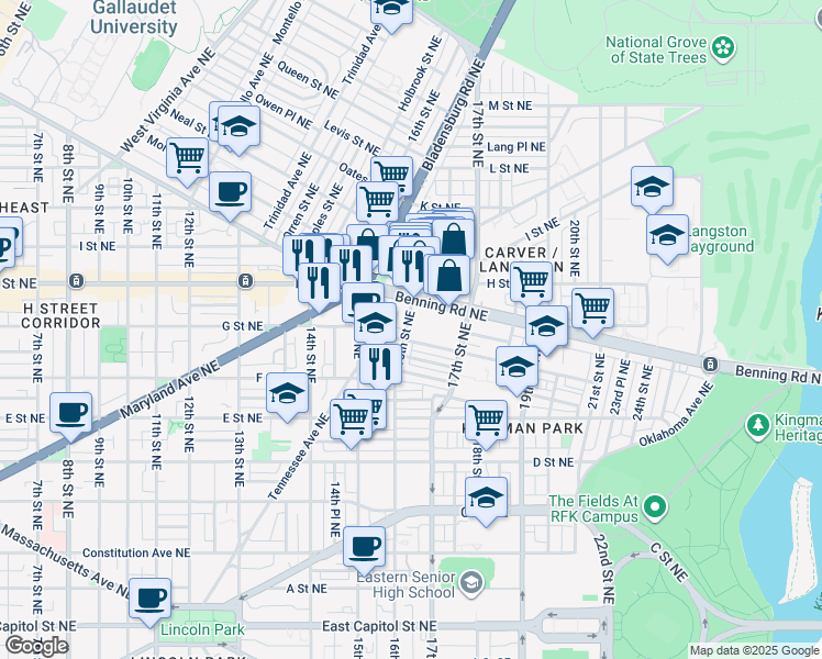 map of restaurants, bars, coffee shops, grocery stores, and more near 711 16th Street Northeast in Washington