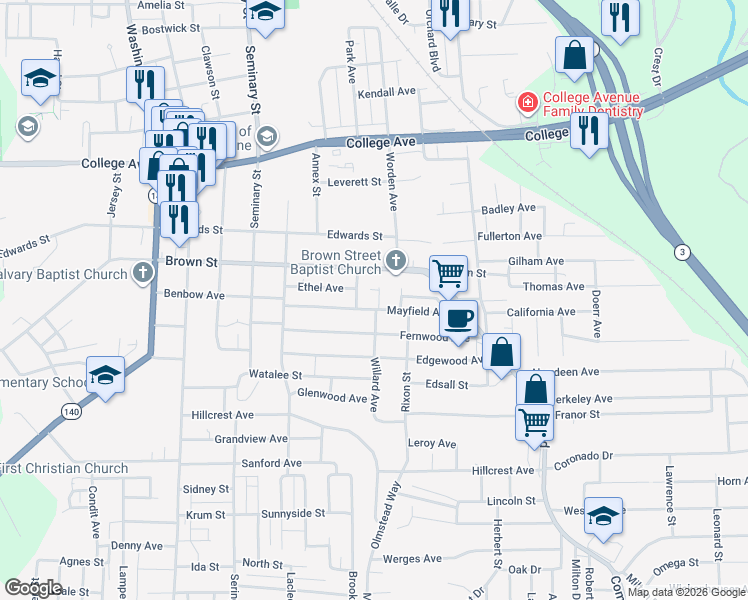map of restaurants, bars, coffee shops, grocery stores, and more near 3123 Brown Street in Alton