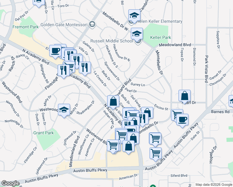 map of restaurants, bars, coffee shops, grocery stores, and more near 4603 Bella Drive in Colorado Springs