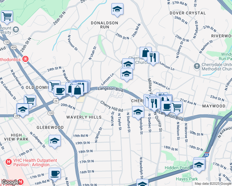 map of restaurants, bars, coffee shops, grocery stores, and more near 4320 Old Dominion Drive in Arlington