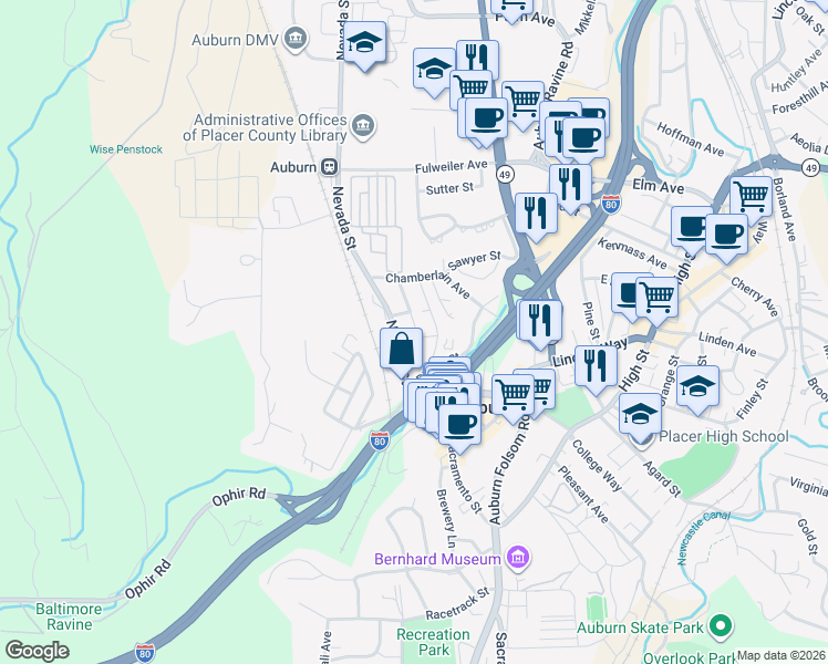 map of restaurants, bars, coffee shops, grocery stores, and more near 102 McClung Street in Auburn