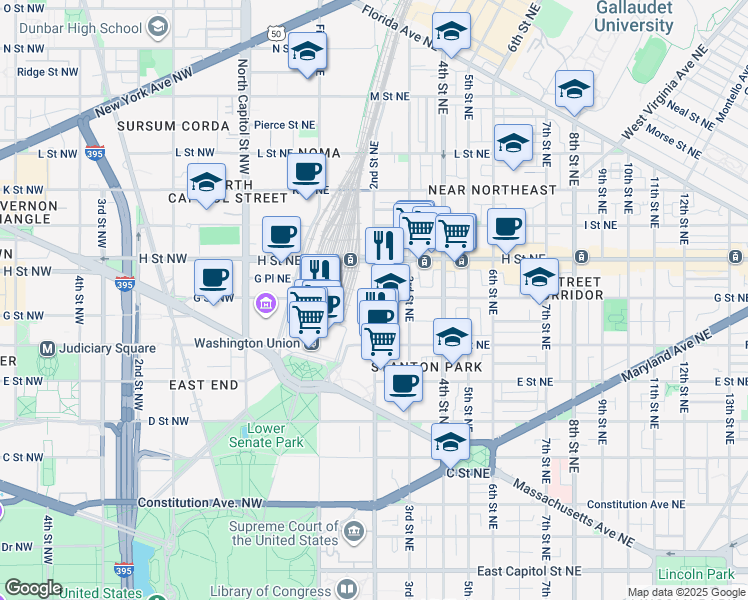 map of restaurants, bars, coffee shops, grocery stores, and more near 600 2nd Street Northeast in Washington