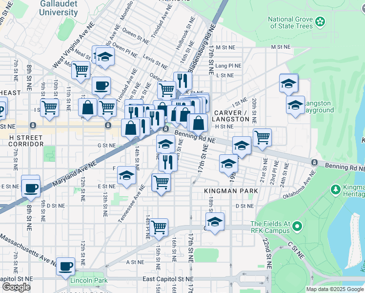 map of restaurants, bars, coffee shops, grocery stores, and more near 713 16th Street Northeast in Washington