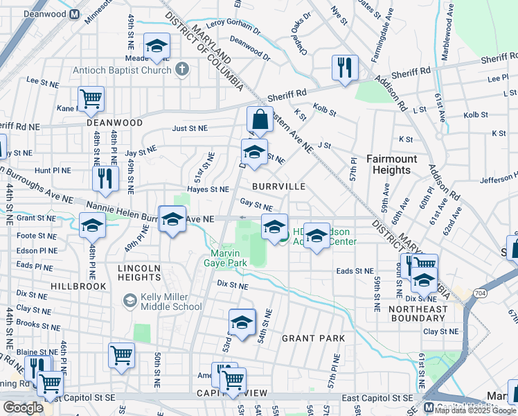 map of restaurants, bars, coffee shops, grocery stores, and more near 5341 Gay Street Northeast in Washington