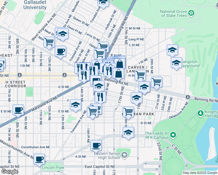 map of restaurants, bars, coffee shops, grocery stores, and more near 713 16th Street Northeast in Washington