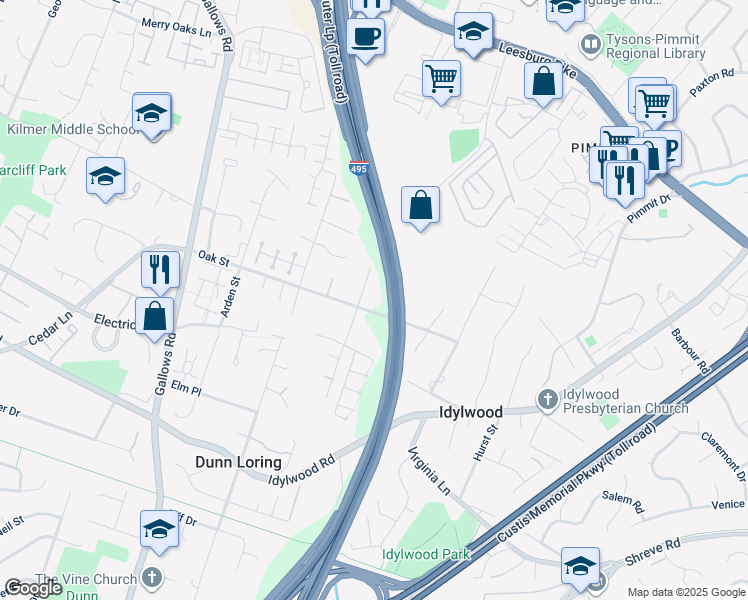 map of restaurants, bars, coffee shops, grocery stores, and more near 2251 Morgan Lane in Dunn Loring