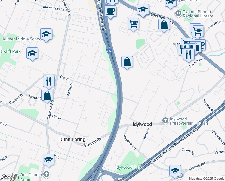 map of restaurants, bars, coffee shops, grocery stores, and more near 2251 Morgan Lane in Dunn Loring