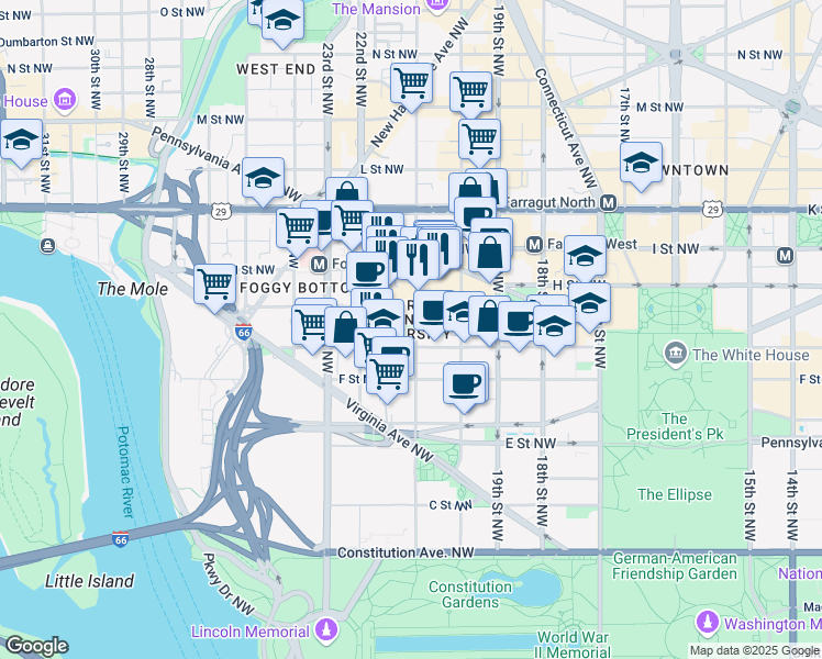 map of restaurants, bars, coffee shops, grocery stores, and more near 714 21st Street Northwest in Washington