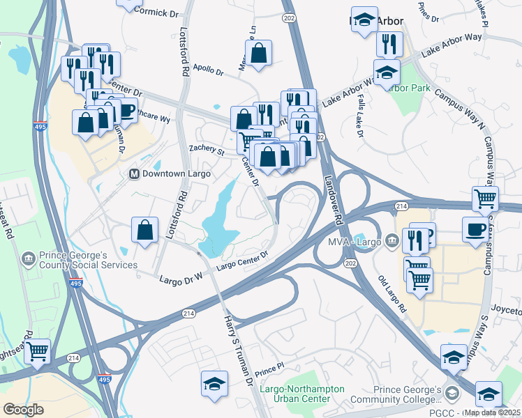 map of restaurants, bars, coffee shops, grocery stores, and more near 9815 Lake Point Court in Upper Marlboro